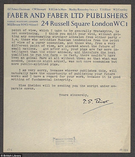 Zvanično pismo sa zaglavljem Faber&Faber-a koje je T.S. Eliot poslao Džordžu Orvelu odbijajući rukopis “Životinjske farme”
